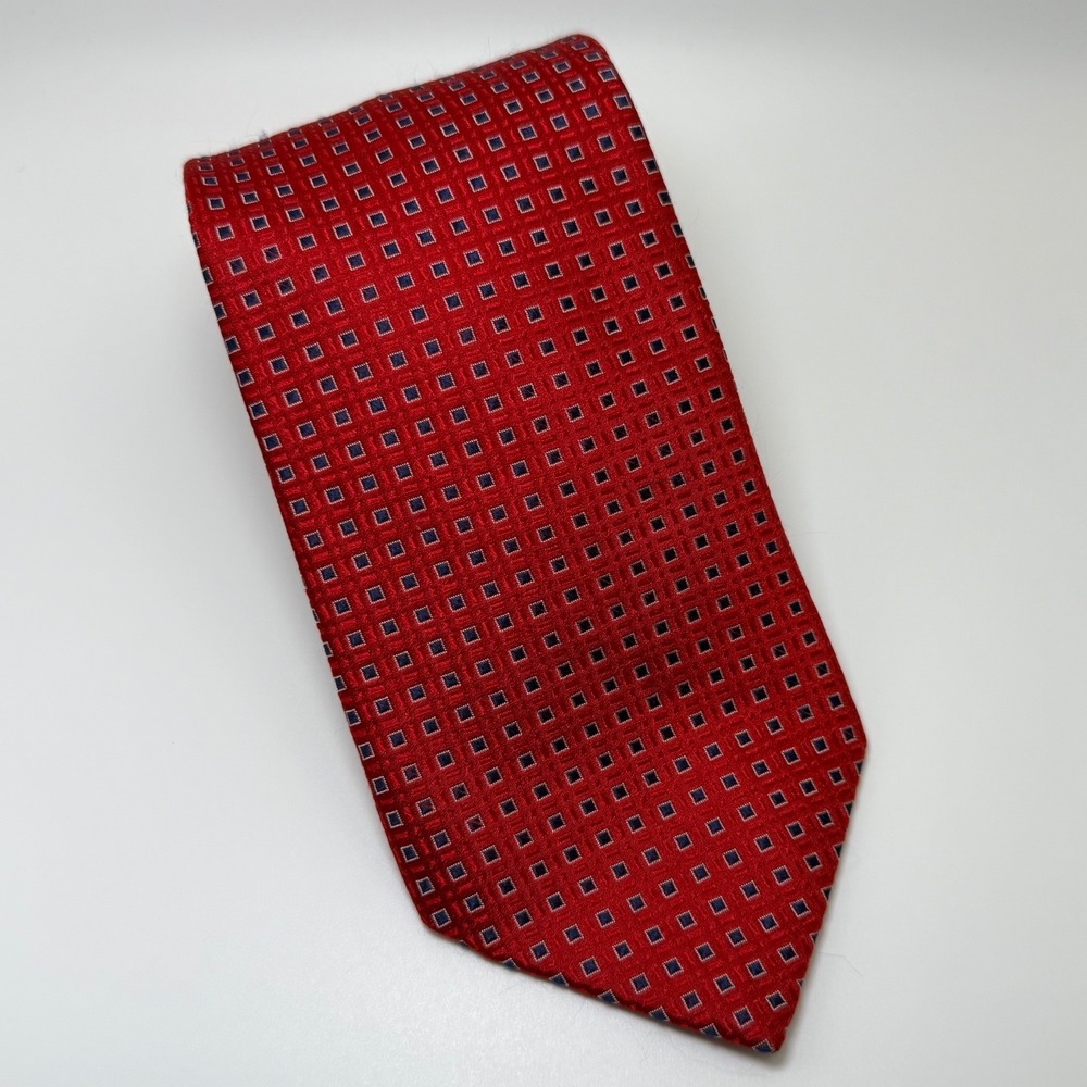 Nordstrom Silk Tie 3.75" Red Navy Blue Geometric Square Classic Preppy Business